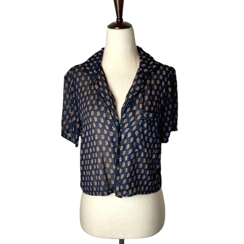 Urban Renewal Navy Blue Paisley Short Sleeve Button-Up Blouse
